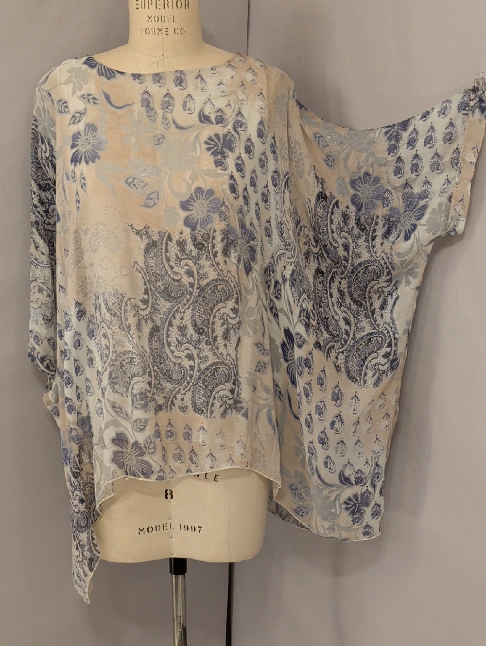 Floral Sheer Silk Paisley Dolman Sleeve Women's Top Cream & Blue Bohemian